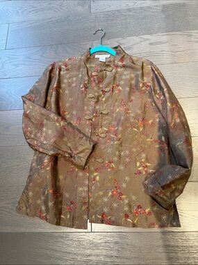 SilkFloral Mandarin Collar Jacket - Brown with Red Accents